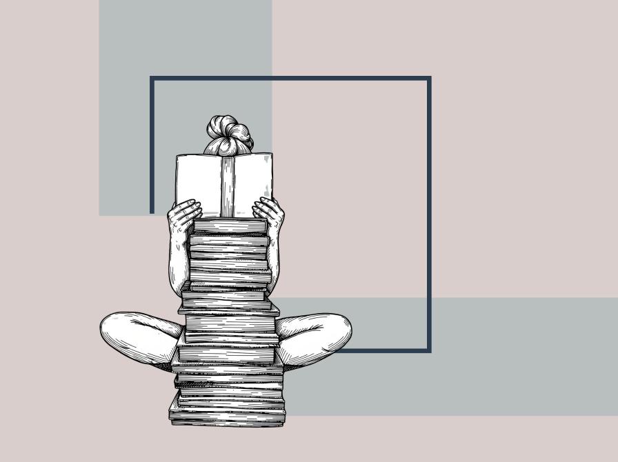 Illustration af en person, der sidder med en stor stak bøger og læser en åben bog.